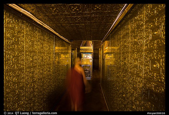 Monk inside gold-plated maze inside Botataung Pagoda. Yangon, Myanmar (color)