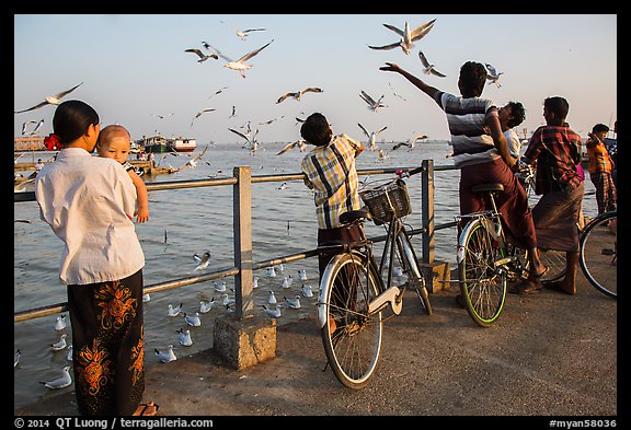 Yangon River pier with seagulls fed by visitors. Yangon, Myanmar (color)