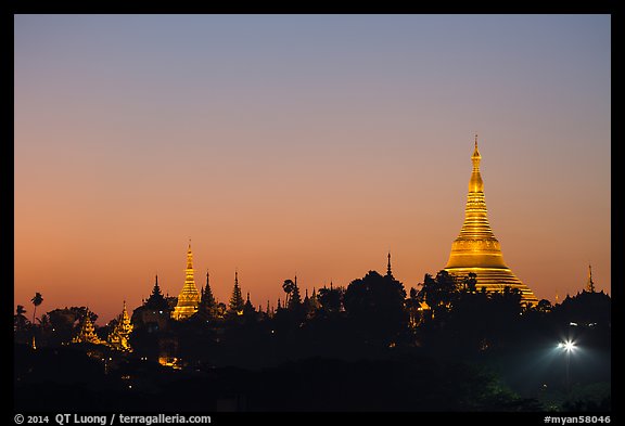 Singuttara Hill and Shwedagon Pagoda at dawn. Yangon, Myanmar