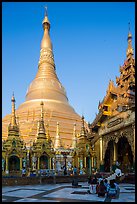 Planetary post, devotion hall, and main stupa, Shwedagon Pagoda. Yangon, Myanmar