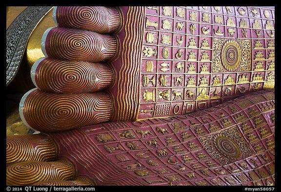 Feet of reclining Buddha statue, Kyaukhtatgyi Pagoda. Yangon, Myanmar