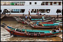 Long-tail boats and ferry, Sinodan pier. Yangon, Myanmar ( color)