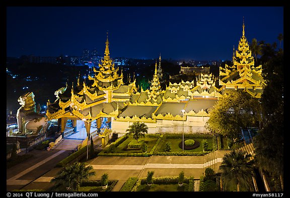 South stairwaygate from above at night, Shwedagon Pagoda. Yangon, Myanmar (color)