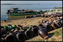 Unloading jars on the Ayeyarwaddy River. Bagan, Myanmar ( color)