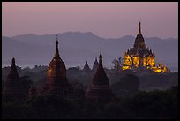 Temples seen from Shwesandaw at dusk. Bagan, Myanmar