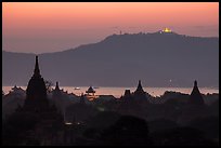 Temples and Ayeyarwaddy River at dusk. Bagan, Myanmar