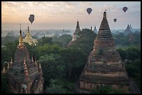 Temples and hot air ballons at sunrise. Bagan, Myanmar