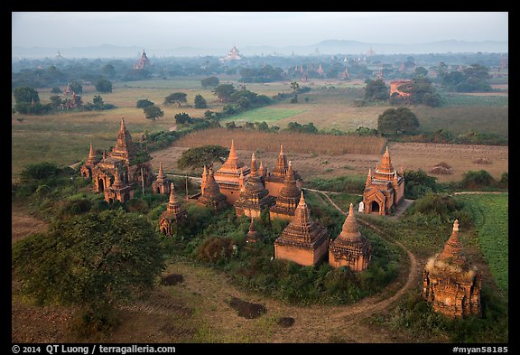 Aerial view of a complex of temples. Bagan, Myanmar