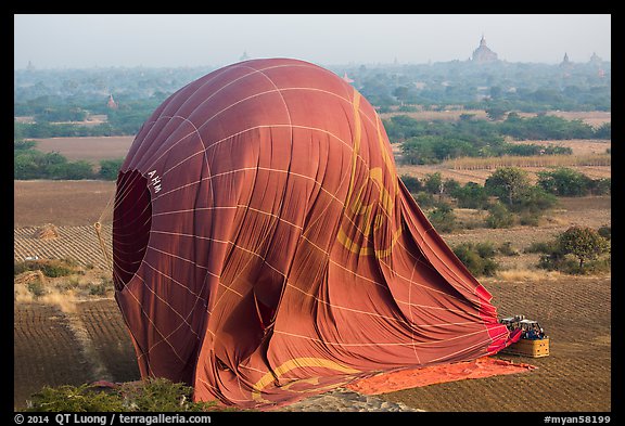 Aerial view of landed hot air balloon. Bagan, Myanmar