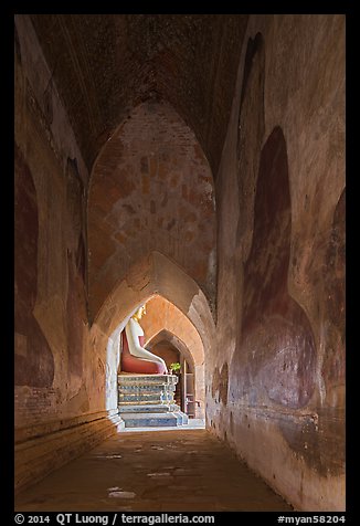 Corridor with frescoes and buddha statue, Sulamani temple. Bagan, Myanmar