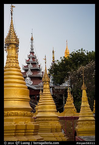 Stupas and spires at dawn, Sutaungpyei Pagoda. Mandalay, Myanmar (color)