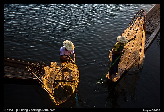 Above view of Intha fishermen. Inle Lake, Myanmar (color)