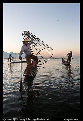 Group of Intha fishermen at dawn. Inle Lake, Myanmar (color)