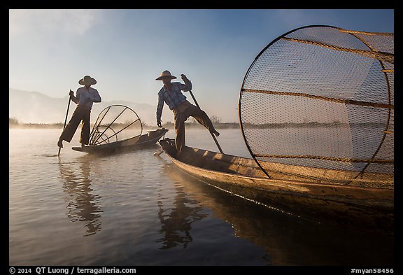 Two Intha fishermen. Inle Lake, Myanmar (color)