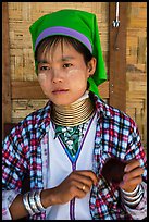 Kayan woman of the Padaung tribe wearing brass neck coils. Inle Lake, Myanmar ( color)