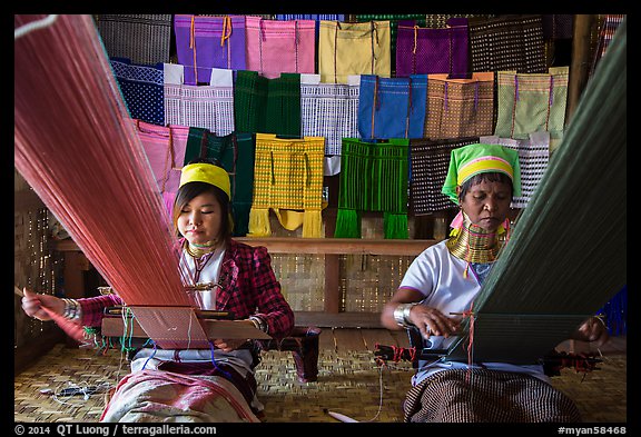Weaving workshop with Kayan women of the Padaung tribe. Inle Lake, Myanmar (color)