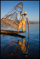 Intha fisherman with freshly caught fish in basket. Inle Lake, Myanmar ( color)