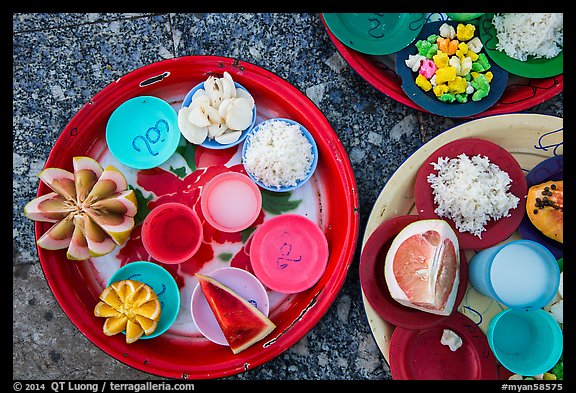 Close-up of food offerings. Kyaiktiyo, Myanmar (color)