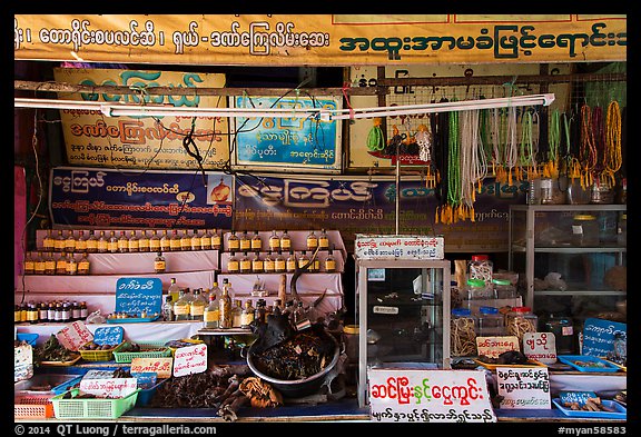 Medicinal shop on the path to the Golden Rock. Kyaiktiyo, Myanmar (color)