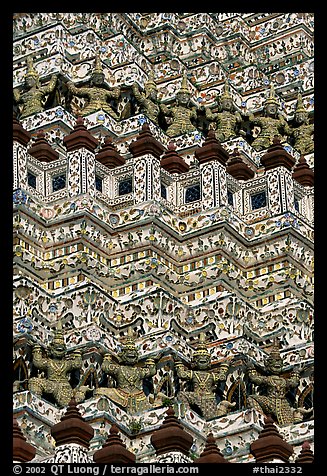 Ornementation detail of the prang, combining khmer and thai styles, Wat Arun. Bangkok, Thailand (color)