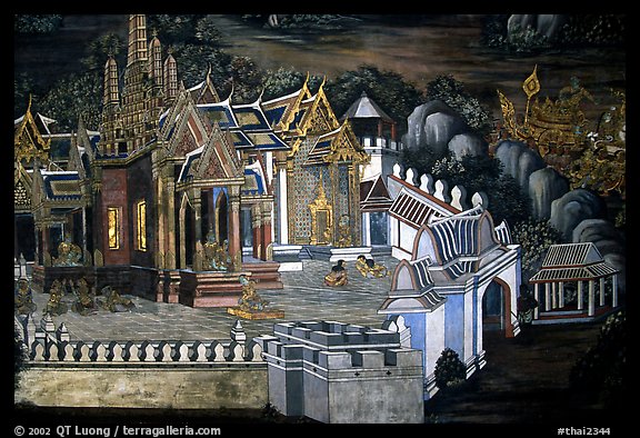 Mural painting showing the Grand Palace. Bangkok, Thailand (color)