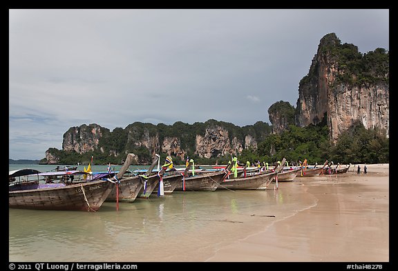 Boats and cliffs,  Hat Rai Leh West. Krabi Province, Thailand (color)