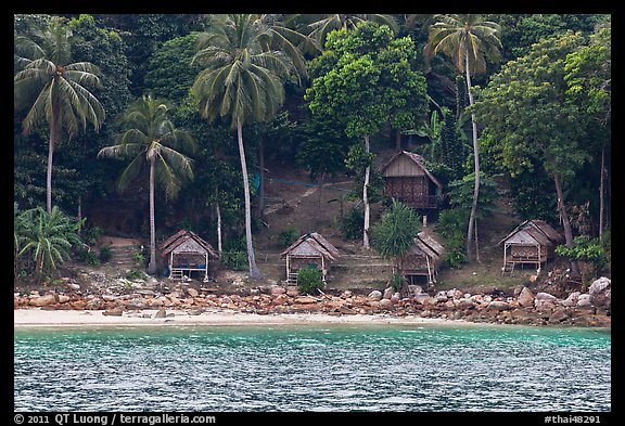 Beachfront huts and palm trees, Ko Phi-Phi Don. Krabi Province, Thailand