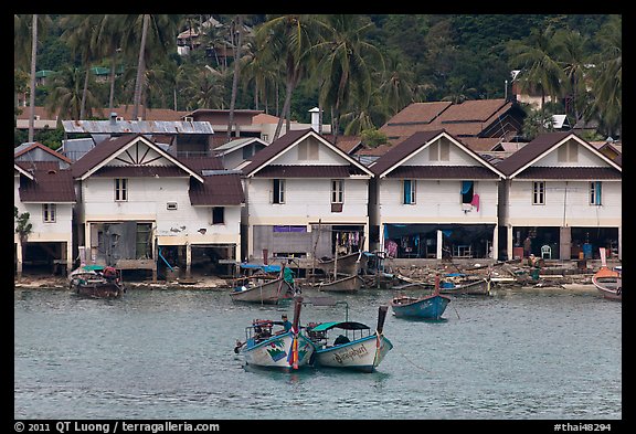 Boats and waterfront houses, Tonsai Village, Phi-Phi island. Krabi Province, Thailand (color)