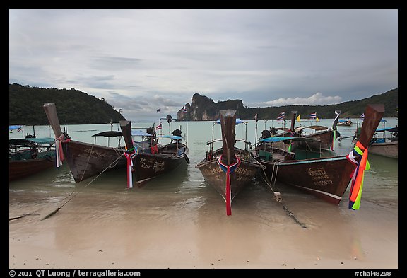 Long tail boats and bay, Ao Lo Dalam, Ko Phi-Phi island. Krabi Province, Thailand (color)