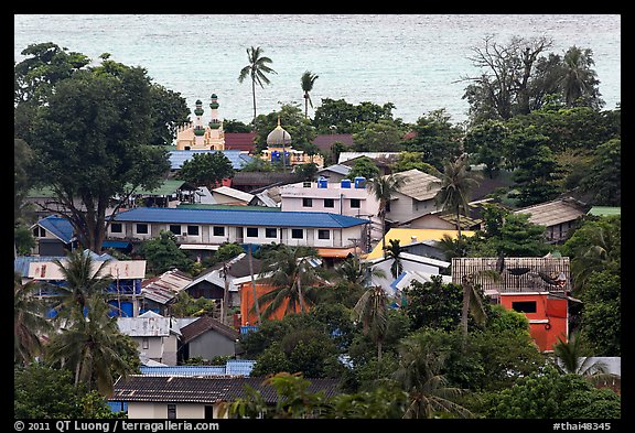 Village and mosque from above, Ko Phi-Phi Don. Krabi Province, Thailand (color)