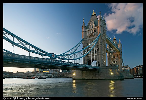 Wide view of Tower Bridge, a landmark 1876 bascule bridge. London, England, United Kingdom (color)
