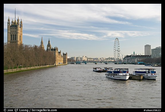 Skyline with Victoria Tower, Westminster Palace, Thames River and London Eye. London, England, United Kingdom (color)