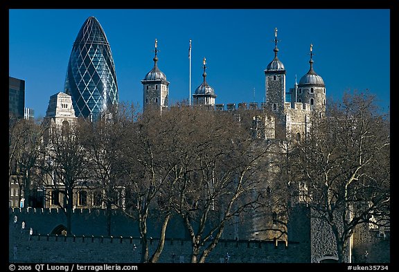 Tower of London and 30 St Mary Axe building (The Gherkin). London, England, United Kingdom