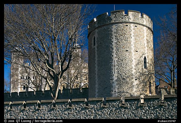 Crenallated wall and tower, Tower of London. London, England, United Kingdom