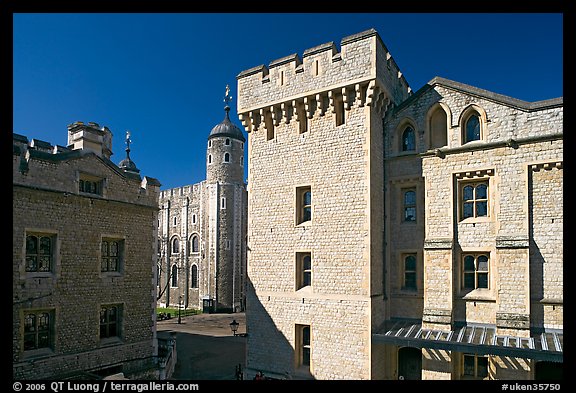 Salt Tower, central courtyard, and White Tower, the Tower of London. London, England, United Kingdom