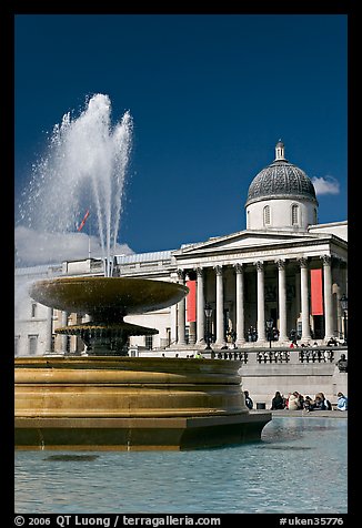 Fountain and National Gallery, Trafalgar Square. London, England, United Kingdom (color)