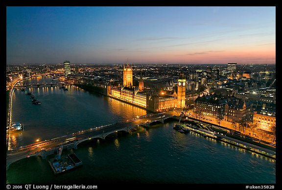 Aerial view of Thames River, Westmister Bridge and Palace at dusk. London, England, United Kingdom (color)