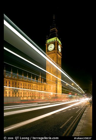 Lights from a moving bus, Houses of Parliament, and Big Ben at night. London, England, United Kingdom