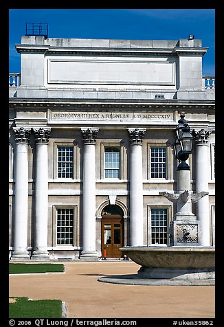 Classical facade in Old Royal Naval College. Greenwich, London, England, United Kingdom (color)