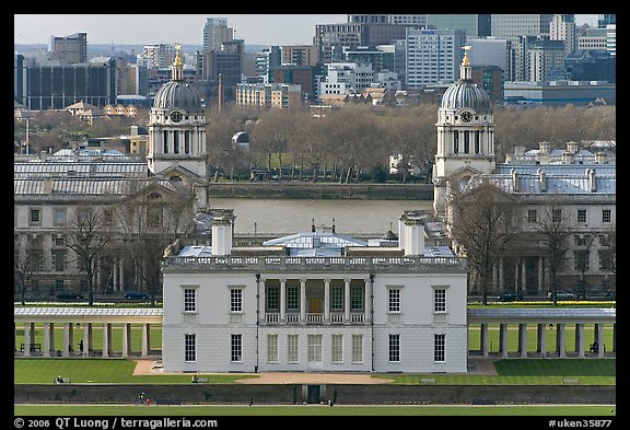 Queen's House, Greenwich Old Royal Naval College, and Thames River. Greenwich, London, England, United Kingdom