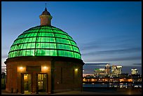 Entrance of foot tunnel under the Thames and Docklands buildings at dusk. Greenwich, London, England, United Kingdom (color)