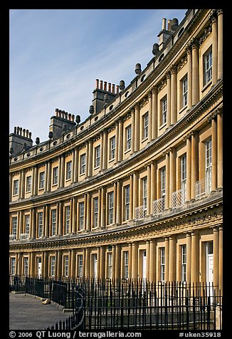 Indentical curved facades with three orders of architecture on each floor, the Royal Circus. Bath, Somerset, England, United Kingdom