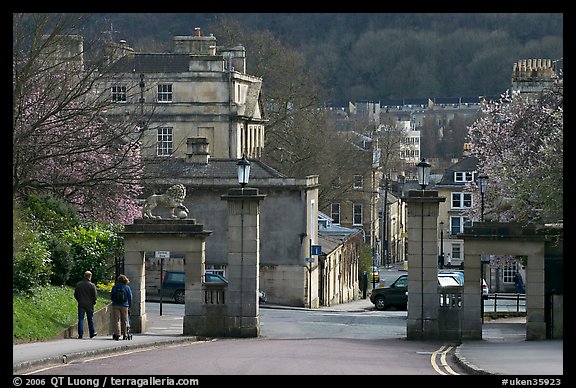 Gate at the entrance of Royal Victoria gardens, and street. Bath, Somerset, England, United Kingdom