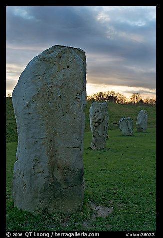Megaliths forming part of a 348-meter diameter stone circle, sunset, Avebury, Wiltshire. England, United Kingdom