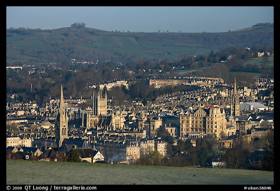 City center and hills from above, early morning. Bath, Somerset, England, United Kingdom (color)