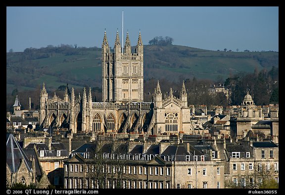 Bath Abbey rising over 18th century buildings. Bath, Somerset, England, United Kingdom