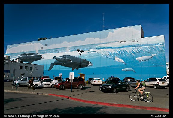 Parking lot with whale mural in background. Anchorage, Alaska, USA
