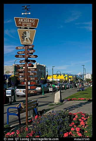 Downtown center with Air Crossroads of the World sign. Anchorage, Alaska, USA (color)