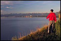 Man walking on the edge of Knik Arm in Earthquake Park, sunset. Anchorage, Alaska, USA