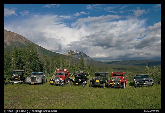 Row of classic cars lined up in meadow. McCarthy, Alaska, USA (color)